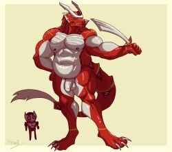 abs absurd_res anthro armor balls claws dragon duo genitals hi_res holding_object holding_weapon kamen_rider kamen_rider_ryuki male male_focus male_only melee_weapon multicolored_body musclegut muscular muscular_anthro muscular_male mythological_creature mythological_scalie mythology nipples nude penis pinumontbalou scalie sword tail toe_claws weapon