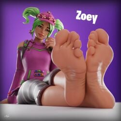 3d 3d_(artwork) crossed_legs epic_games feet_together female female_focus female_only foot_fetish foot_focus fortnite fortnite:_battle_royale green_eyes green_hair_female kenaga kenuwu light-skinned_female looking_at_viewer outfit purple_background soles soles_fetish wrinkled_soles wrinkles zoey_(fortnite)