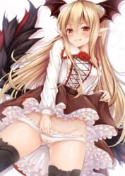 bangs black_legwear blonde_hair blush breasts brown_skirt brown_wings cameltoe closed_mouth collared_shirt commentary_request eyebrows_visible_through_hair female frilled_shirt_collar frilled_skirt frills granblue_fantasy groin hair_between_eyes head_wings heart heart_background highres kanopan lifted_by_self long_hair looking_at_viewer panties panty_pull pointy_ears pussy_juice red_eyes shirt skirt skirt_lift small_breasts solo thighhighs tongue tongue_out underwear vania_(granblue_fantasy) very_long_hair wet wet_clothes wet_panties white_panties white_shirt wings