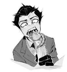 alien alien_humanoid big_penis black_hair blowjob cum facial fangs fluids gay_sex human_disguise invader_zim licking long_tongue manga no_ears skronklpus teeth white_background zim_(invader_zim)