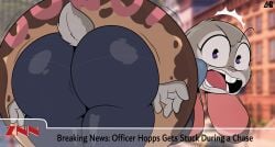 1girls angry ass ass_focus big_ass breaking_news bunny camera camera_view clothed donut female female_only fur gray_fur grey_fur hiroberserk huge_ass judy_hopps judy_stuck_in_donut_redraw news police_uniform pov public purple_eyes rabbit solo solo_female stuck stuck_in_object zootopia