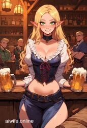 ai_generated aiwife.online bare_midriff barmaid blue_skirt collar elf female female_focus solo_focus thighs