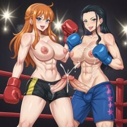 2futas abs ai_generated arena artist_request biceps big_breasts big_thighs black_hair black_shorts blue_eyes blue_gloves blue_shorts boxing boxing_gloves boxing_ring breasts cum cum_on_breasts curvy duo excited fighting_ring futa_only futanari gloves light-skinned_futanari light_skin lips long_hair looking_at_viewer muscles muscular muscular_futanari nami nico_robin nipples one_piece open_mouth orange_hair partially_clothed penis_out penises_touching post-timeskip red_gloves short_shorts shorts sportswear teal_eyes thick thick_hips thick_thighs thighs tongue tongue_out wide_hips