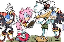 amy_rose assisted_exposure classic_sonic cosplay distracted jumping lanolin_the_sheep on_model panties_down sega shadow_the_hedgehog_(cosplay) shocked shocked_expression shocked_eyes sonic_(series) sonic_the_hedgehog sonic_the_hedgehog_(series) sooperman speed_lines upskirt