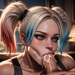 1girls ai_generated batman_(series) blonde_female blowjob blowjob_face comic cum cum_in_mouth cum_inside cumshot dc_comics fellatio harley_quinn joker linked002 submissive