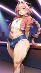 1femboy ai_generated astolfo_(fate) bimbo bimbo_body bimbo_lips braid braided_ponytail bulge bulge_through_clothing crop_top cropped_jacket denim denim_shorts fate_(series) femboy femboy_only fuckboy high_heels hjqjjwbeb huge_thighs lips lipstick looking_at_viewer male male_focus male_only midriff muscular_trap navel otoko_no_ko pink_hair purple_eyes shorts solo_femboy solo_focus strip_club trap voluptuous_femboy