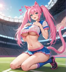 1girls 2d ai_generated athletic big_breasts blue_eyes breasts cat_ears cat_girl cat_tail catgirl cheerleader cheerleader_costume cheerleader_outfit cheerleader_uniform cleavage cosplay curvy_female excited female female_focus fit_female front_view girl heart hearts_around_head huge_breasts humanoid kanako kanako_vt kneeling kneeling_female knees legs_apart lewdtuber light_skin long_hair long_socks looking_at_viewer mature_female mature_woman midriff midriff_baring_shirt miniskirt neko outfit pale_skin pink_hair pose school_girl sfw shiny_skin skirt solo sweat sweating thick_thighs twintails underboob virtual_youtuber