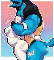 1boy 1girls anthro anthro_on_anthro anthro_penetrated anthro_penetrating anthro_penetrating_anthro arm_around_neck balls big_balls big_penis black_body black_fur blue_body blue_fur blue_hair breasts cuff_(restraint) domestic_cat dominant dominant_male duo eye_roll felid feline felis female female_penetrated french_kissing from_behind_position fucked_silly fur generation_4_pokemon genitals golden_fox hair handcuffed handcuffed_together handcuffs headlock hi_res kiss_on_lips kissing larger_male looking_at_another looking_pleasured lucario male male/female male_penetrating male_penetrating_female mammal metal_cuffs motion_lines nagisalucario nintendo nude penetration penis plap pokemon pokemon_(species) restraints sex side_view simple_background size_difference smaller_female stomach_bulge tail_around_arm vaginal_penetration white_body white_fur yellow_body yellow_fur