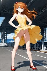 1boy ai_generated aircraft_carrier asuka_langley_sohryu balls blue_eyes dress femboy flat_chest genderswap_(ftm) hand_on_hip long_hair looking_at_viewer male neon_genesis_evangelion no_panties penis red_hair rule_63 solo tagme tehmar trap twintails wind yellow_dress