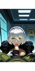 1boy ai_generated beauty_mark blowjob blue_eyes cock_hungry crossover eastern_and_western_character fellatio female halo_(game) halo_(series) hand_on_thigh looking_at_viewer master_chief nier nier:_automata nier_(series) white_hair yorha_2b