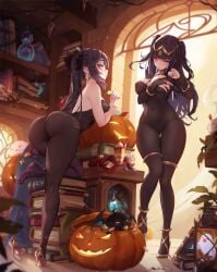 2girls ass bat_(animal) bent_over black_hair black_nails blunt_bangs bodystocking boo_tao_(genshin_impact) book book_stack bookshelf bracelet breasts bridal_gauntlets candy covered_navel female female_only fire_emblem fire_emblem_awakening food genshin_impact green_eyes halloween hat high_heels jewelry large_ass large_breasts leg_up leotard long_hair looking_at_viewer looking_back medium_breasts mitsu_(mitsu_art) mitsu_art mona_(genshin_impact) multiple_girls nail_polish nintendo pantyhose pumpkin purple_eyes smile tharja_(fire_emblem) twintails two_side_up very_long_hair witch