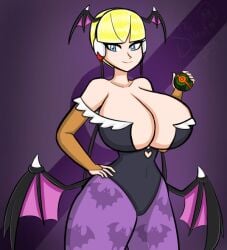 animal_print bad_tag bare_shoulders bat_print bat_wings blonde_hair blue_eyes blunt_bangs breasts bridal_gauntlets cleavage clothing_cutout cosplay covered_navel creatures_(company) darkstalkers elesa_(pokemon) female female female_focus game_freak hand_on_own_hip hannya head_wings headphones holding holding_poke_ball huge_breasts large_breasts leotard looking_at_viewer low_wings morrigan_aensland morrigan_aensland_(cosplay) navel nintendo pantyhose poke_ball pokemon pokemon_bw print_legwear purple_background purple_legwear purple_pantyhose short_hair smile thesilentdrawer thick_thighs thighs wide_hips wings