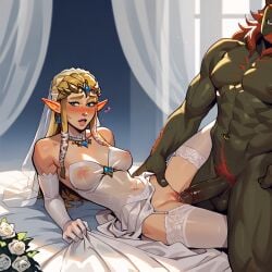 1boy 1girls ai_generated bed_sheet blonde_hair blue_eyes blushing bridal_lingerie bride elf_ears elf_female extnctionist ganondorf garter_straps gloves green-skinned_male imminent_sex imminent_vaginal implied_marriage interspecies light-skinned_female monster nintendo nipples_visible_through_clothing nude_male_clothed_female pointy_ears pony_diffusion_xl princess_zelda red_hair skirt_up straight the_legend_of_zelda thighhighs wedding_attire wedding_dress wedding_lingerie wedding_veil