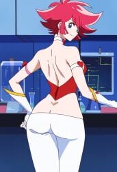 1female 1girls ahoge ai_generated android android_girl ass back_view blue_eyes breasts cutie_honey cutie_honey_(character) female female_only heroine hi_res high_resolution highres honey_kisaragi laboratory leggings looking_at_viewer looking_back looking_back_at_viewer medium_breasts necklace normal_breasts rear_view red_hair short_hair solo solo_female