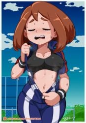 1girls black_tank_top blush brachyzoid breasts brown_hair cleavage closed_eyes female my_hero_academia navel nipple_bulge nipples ochako_uraraka solo steaming_body sweat sweaty_body tank_top wide_hips