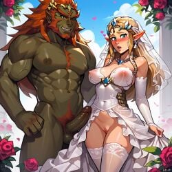 1boy 1girls ai_generated bride extnctionist ganondorf implied_marriage nintendo pony_diffusion_xl princess_zelda the_legend_of_zelda wedding_attire wedding_dress wedding_veil