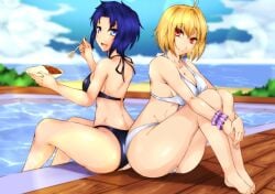 2girls :d ahoge arcueid_brunestud ass back back-to-back barefoot bikini blonde_hair blue_eyes blue_hair blue_sky blurry breasts byakkun_(byakkun8181) ciel_(tsukihime) commentary_request curry curry_rice day depth_of_field eating food highres hugging_own_legs knees_up legs_together looking_back medium_breasts multiple_girls o-ring o-ring_bikini o-ring_top open_mouth outdoors pool poolside red_eyes rice short_hair sidelocks sitting sky smile swimsuit tsukihime underboob water wristband