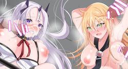 2girls big_breasts blonde_hair chains choker closers clothing cum cumshot gangbang green_eyes levia_(closers) long_hair multiple_girls pointy_ears purple_eyes soma_(closers) sweat tears white_hair