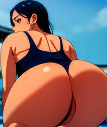 1girls adult ai_generated artist_request ass ass_focus black_hair character_request female female_only from_behind human looking_at_viewer milf outdoors outside solo source_request swimsuit tagme