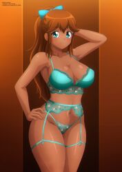 aqua_lingerie aqua_panties arm_behind_head arm_on_hip belly_button blue_bow blue_bra blue_eyes dark-skinned_female female_only flower_pattern garter_belt garter_straps hourglass_figure indoors lingerie lingerie_only looking_away medium_breasts nipple_bulge orange_hair original original_character ponytail simple_background thick_thighs wide_hips zel-sama