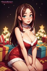 ai_generated bare_shoulders blurry blurry_background blush box breasts brown_hair choker christmas christmas_outfit christmas_tree cleavage creamybiscuit dress female freckles gift gift_box green_eyes large_breasts lips long_hair looking_at_viewer mole mole_on_breast multicolored_hair parted_lips red_dress red_hair seiza sitting solo stable_diffusion star_(symbol) streaked_hair