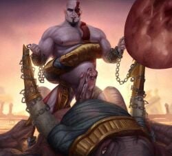 2boys anthro anthro_on_human anthro_on_male anthro_penetrating anthro_penetrating_human bald bara beard big_dom_small_sub diocturn elephant elephant_humanoid elephant_penis elephantaur frottage gay god_of_war god_of_war:_ascension imminent_anal imminent_sex interspecies kratos male_only masculine_male muscles muscular muscular_male on_top on_top_of_another restrained yaoi