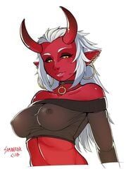 1girls bare_shoulders black_sclera collar collarbone colored_eyebrows colored_sclera demon demon_humanoid earrings female hoop_earrings horns humanoid jewelry lips long_hair looking_at_viewer multiple_earrings nipples nipples_visible_through_clothing pointy_ears red_horns red_skin samanator_club slit_pupils smile solo white_eyebrows white_hair yellow_eyes