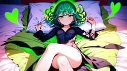 1girls ai_generated bed bedroom black_dress crossed_legs female green_aura green_eyes green_hair happy lying lying_on_back lying_on_bed one-punch_man open_legs petite slender slender_legs slender_thighs slender_waist small_breasts smaller_female smile solo solo_female tatsumaki tiny