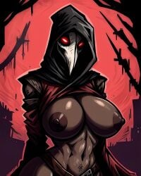 1girls ai_generated areolae beak_mask belt big_areola big_breasts brown_belt brown_body brown_nipples brown_skin cel_shading cel_shading_(retro) cowl darkest_dungeon evil_eyes female front_view glowing_eyes gothic gothic_artstyle gurman hips hood_up hourglass_figure medieval medieval_clothing navel navel_line nipples oblique_edge obliques outline pink_outline red_clothing red_eyes red_theme skull_head skull_mask solo upper_body vertical_navel wide_hips