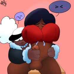 1boy big_thighs daisykitty96 dark-skinned_femboy dark-skinned_male dondon_(daisykitty96) female femboy handjob hiding_face penis winter_(daisykitty96)