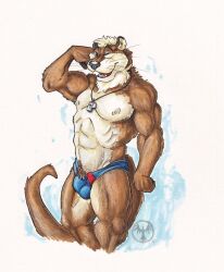 1boy 2014 abs anthro balls_outline biceps biped bulge clothed clothing coach detailed_bulge flexing flexing_bicep genital_outline looking_at_viewer male male_anthro male_only mammal manly muscular mustelid neverwolf nipples one_eye_closed otter pecs penis_outline pose pubes simple_background smile smiling_at_viewer solo speedo speedo_only standing swimwear topless triceps whistle_(object) wink winking_at_viewer