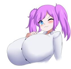 :3 big_breasts blue_eyes breasts bust_portrait busty jcdr magu_(starstruck_vagabond) purple_hair starstruck_vagabond twintails wink