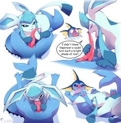 blow blowjob blowjob_pov glaceon male male_ambiguous nervous nervous_face oral oral_sex pokemon pokemon_(species) precum saliva saliva_drip saliva_on_penis saliva_on_tongue shy vaporeon