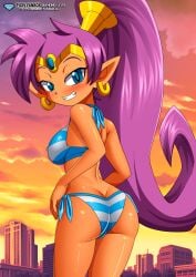 1girls ass bbmbbf bikini blush bra diamond_level female female_only looking_at_viewer palcomix pietros_secret_club shantae shantae_(character) solo swimsuit teeth