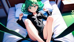 1girls ai_generated bed bedroom black_dress green_aura green_eyes green_hair happy lying lying_on_back lying_on_bed one-punch_man open_legs petite slender slender_legs slender_thighs slender_waist small_breasts smaller_female smile solo solo_female tatsumaki tiny