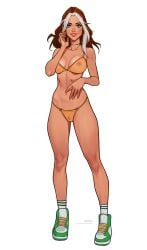 1girls 2d 2d_(artwork) areolae bikini_bottom bikini_top breasts brown_hair earrings female female_focus female_only green_eyes hi_res high_resolution highres looking_at_viewer marvel marvel_comics minko necklace nipples_visible_through_clothing olena_minko pubic_hair pubic_hair_visible_through_clothing rogue_(x-men) see-through see-through_clothing simple_background smile smiling_at_viewer sneakers socks solo solo_female solo_focus two_tone_hair white_hair x-men