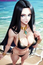 1girl 1girls ai_generated amazonian anime anime_style ass athletic athletic_female beach belly belly_button big_boobs big_breasts big_tits bikini bikini_bottom bikini_top black_bikini black_hair black_thong blue_eyes boa_hancock boobs bracelet bracelets breasts busty cloud clouds curvaceous curvy curvy_body curvy_female curvy_figure dark_hair emerald_(gem) enmashusui fanart female female_only frilled_bikini front_view gold_(metal) gold_jewelry hourglass_figure island jewelry lace-trimmed_bra lace-trimmed_panties lace_bra lace_panties lace_trim light-skinned_female light_skin lingerie long_hair looking_at_viewer milf mountain one_piece panties pinup pose posing post-timeskip seaside sky smile smiling smiling_at_viewer standing thick_legs thick_thighs tight_fit tits toned toned_belly toned_body toned_female toned_stomach two_piece_swimsuit underwear voluptuous voluptuous_female