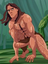 1boy abs biceps big_balls big_penis brown_hair cartoon_emxx detailed detailed_background disney dreadlocks green_eyes hairy hairy_chest hairy_legs hairy_male hi_res highres huge_cock jungle literature loincloth loincloth_aside loincloth_lift male male_focus male_only muscular muscular_male naked naked_male nipples nude nude_male pectorals public_domain solo solo_male sweat sweatdrop sweating tarzan tarzan_(1999_film) tarzan_(character) thick_penis uncircumcised uncut veiny_penis