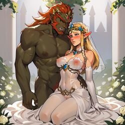 1boy 1girls ai_generated bride extnctionist ganondorf gloves implied_marriage nintendo pony_diffusion_xl princess_zelda the_legend_of_zelda wedding_attire wedding_dress wedding_veil