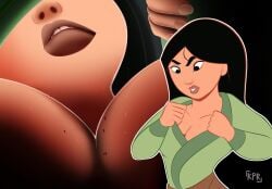 1girls 2021 asian asian_female between_breasts black_hair breasts clothed clothed_female disney fa_mulan female female_focus giantess height_difference kisparlius mulan mulan_(1998_film) shrunk shrunken shrunken_person size_difference stuck_between_breasts