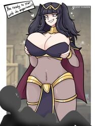 1girls alternate_breast_size barracks black_hair bodystocking breast_grab breast_hold cape double_breast_grab english_text evil_grin fire_emblem fire_emblem_awakening grabbing_own_breast heart huge_breasts imminent_sex jewelry looking_at_another looking_down nervous nintendo pelvic_curtain presenting presenting_breasts silenttandem silhouetted_body smile smiling tharja_(fire_emblem)