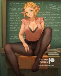 1girls alternate_costume blackboard blonde_hair book breasts classroom cleavage desk green_eyes leggings legs_apart looking_at_viewer mystra77 nintendo pointy_ears princess_zelda short_hair sitting sitting_on_desk smile solo tears_of_the_kingdom the_legend_of_zelda zelda_(tears_of_the_kingdom)