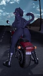 anthro boots clothing felid female footwear footwear_only genitals hi_res looking_at_viewer mammal mostly_nude motorcycle pantherine petruz_(copyright) pussy road solo street street_lamp vehicle verbalblade