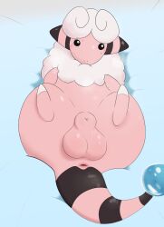 animal_genitalia anus balls bodily_fluids feral flaaffy fully_sheathed fur gem generation_2_pokemon genitals hi_res lying male nintendo on_back pink_body pink_fur pokemon pokemon_(species) sheath sleazychuad solo striped_tail sweat tail_gem white_body white_fur