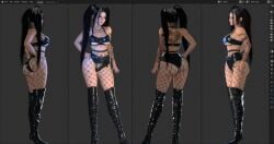 3d bella_poarch black_hair blender boots bra fishnet_legwear fishnets goth high_heel_boots kinkycat3d kinkykatt3d light-skinned_female multiple_angles panties tattoos wip