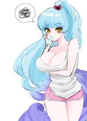 big_ass big_breasts blue_hair booty_shorts confused cute hair_ornament library_of_ruina lobotomy_corporation long_hair magical_girl popsicle project_moon queen_of_hatred sweat ten_oekaki thighs yellow_eyes