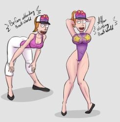 adult_swim baseball_cap bent_over breast_expansion breasts cleavage color curvy diklonius english_text female female_only huge_breasts looking_at_viewer nipples_visible_through_clothing ponytail red_hair rick_and_morty round_breasts sketch summer_smith thick_thighs