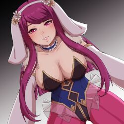 1girls absurd_res absurdres adapted_costume alternate_costume animal_ears beauty_mark big_breasts blush breasts bunny_ears bunny_girl bunnysuit choker cleavage collar commentary corset cosplay elbow_gloves eyebrows_visible_through_hair female female_only fire_emblem fire_emblem_engage fire_emblem_heroes floppy_ears flower frilled_collar frilled_leotard frills gloves gradient_background hair_flower headdress headwear hi_res highres ivy_(fire_emblem) large_breasts leaning_forward leotard long_hair looking_at_viewer lucky_zero marisa_(fire_emblem)_(cosplay) matching_hair/eyes mole mole_under_mouth nintendo nontraditional_playboy_bunny paid_reward_available pantyhose parted_lips pov princess purple_eyes purple_hair purple_pantyhose reaching_towards_viewer see-through see-through_sleeves sidelocks simple_background smile solo strapless strapless_leotard very_long_hair