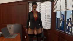 3d black_hair black_lingerie dick dickgirl flaccid flaccid_penis foreskin futa_only futanari glasses looking_at_viewer office office_lady smile smiling solo spodvohomg uncircumcised uncircumcised_futa uncircumcised_penis uncut uncut_futa uncut_penis