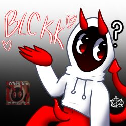 blckk cartoony confused demon demon_tail erection half_naked hidden_face hoodie horns male male_focus male_only no_pants please_dont_crucify_me_thanks red_body solo_male spider_gang tentacle white_hoodie